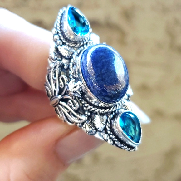 New Lapis Lazuli & Blue Topaz 925 Silver Butterflies Statement Ring. - Picture 13 of 14